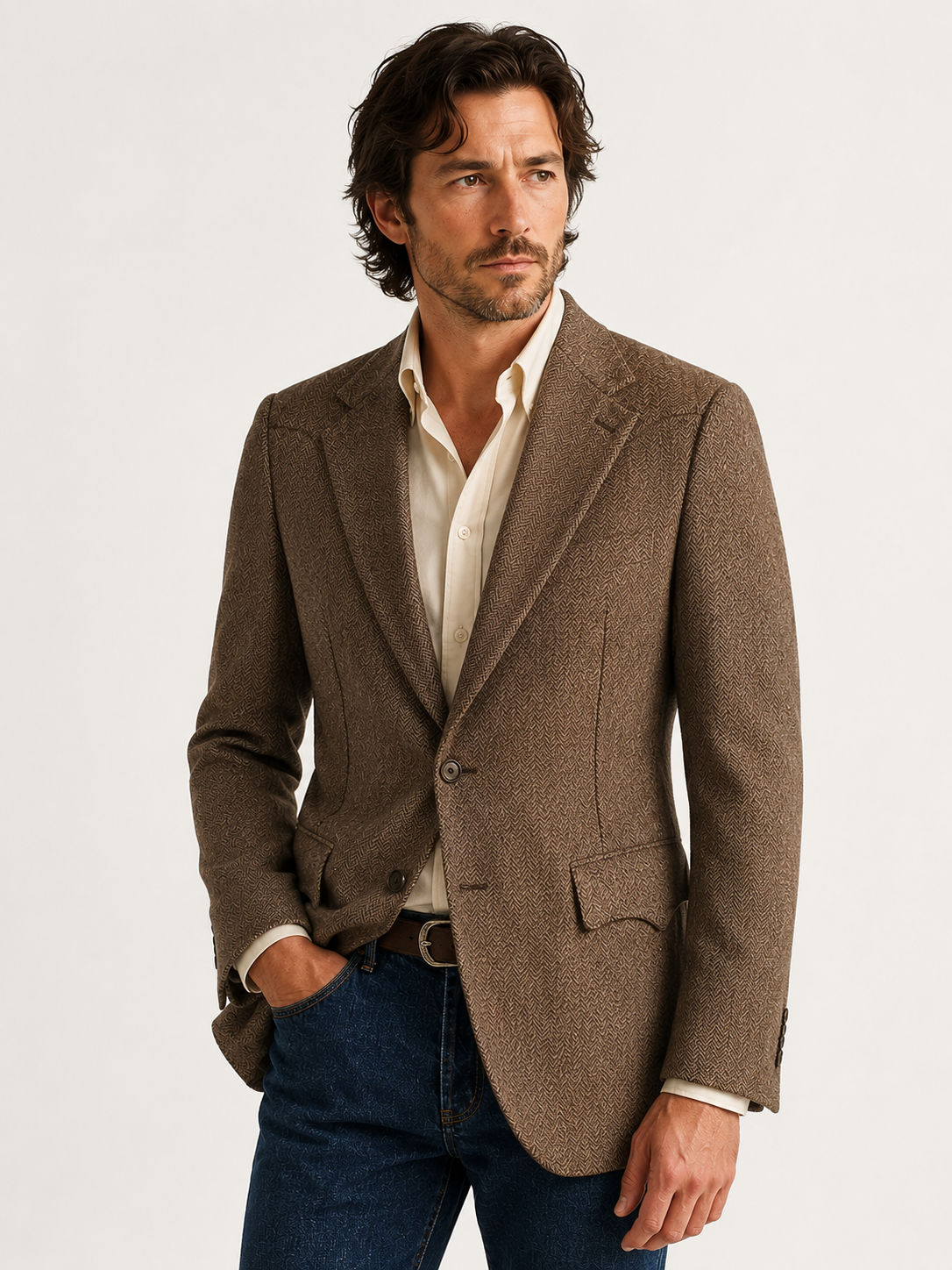 A man wearing a brown textured blazer over a cream dress shirt and blue jeans, standing against a plain light background.