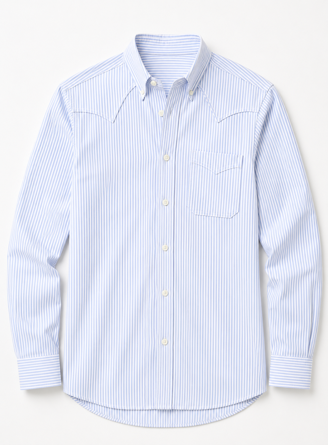 A light blue and white vertically striped long-sleeve western-style button-down shirt with a chest pocket and contrast stitching, shown flat on a light beige background.
